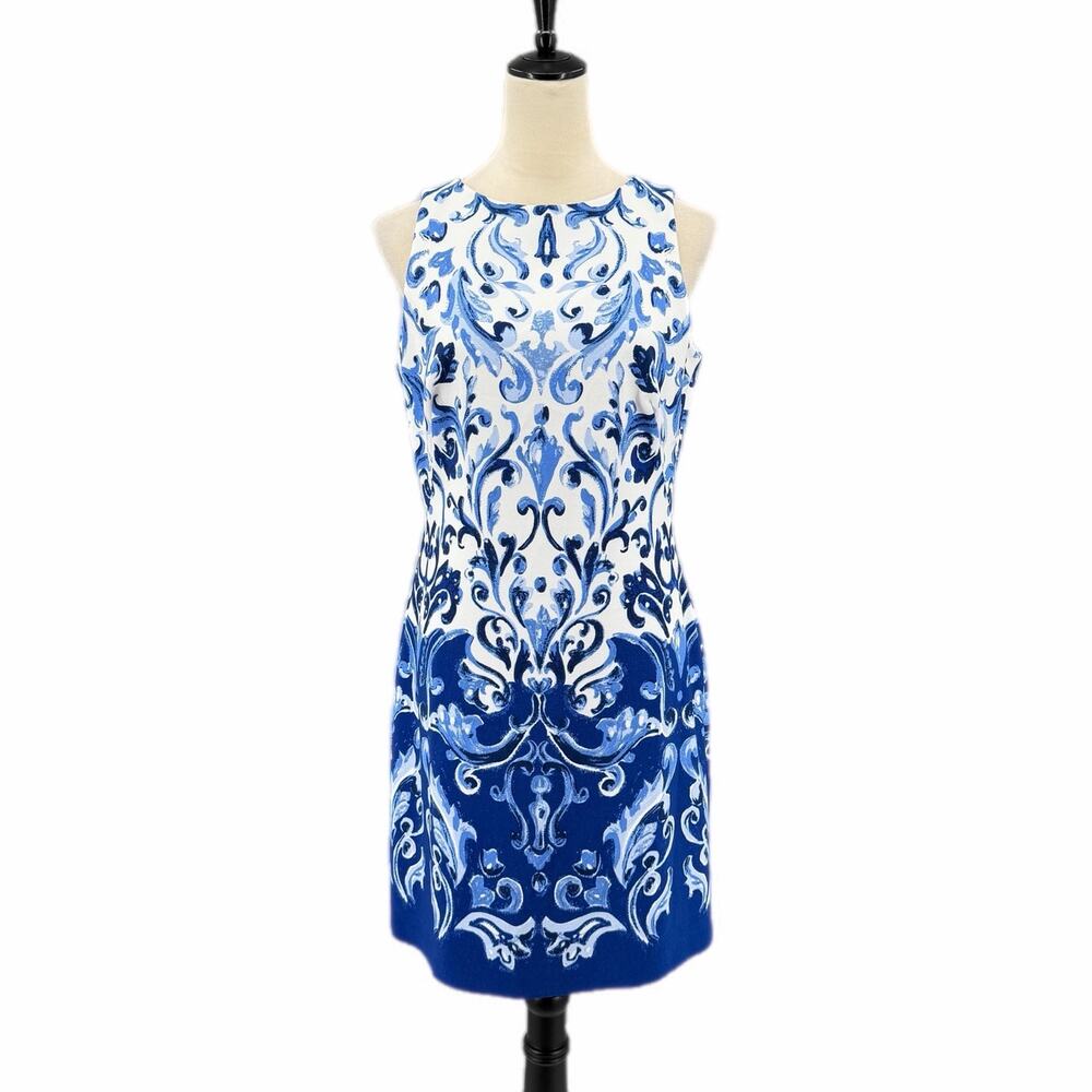 Lauren Ralph Lauren Blue White Scroll Damask Coastal Sleeveless Shift Dress